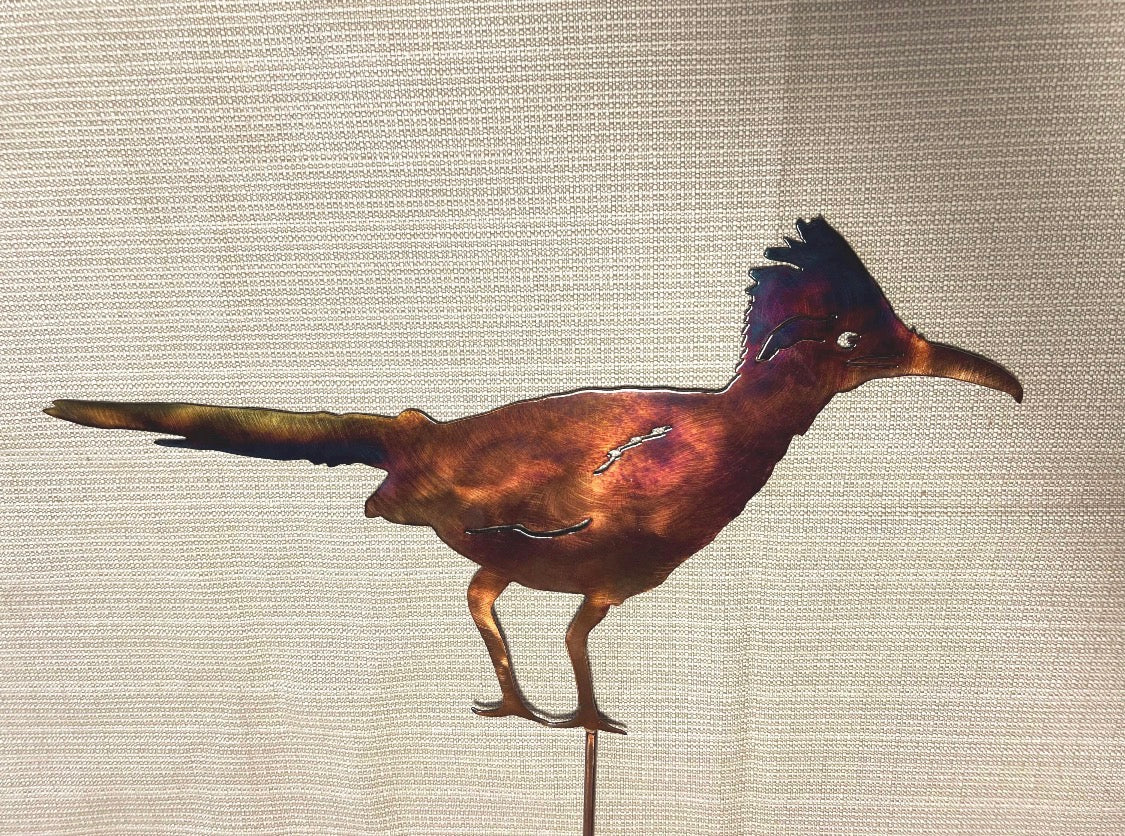 Greater roadrunner metal yard stake with copper, burgundy, purple, and gold hand-finished patina.