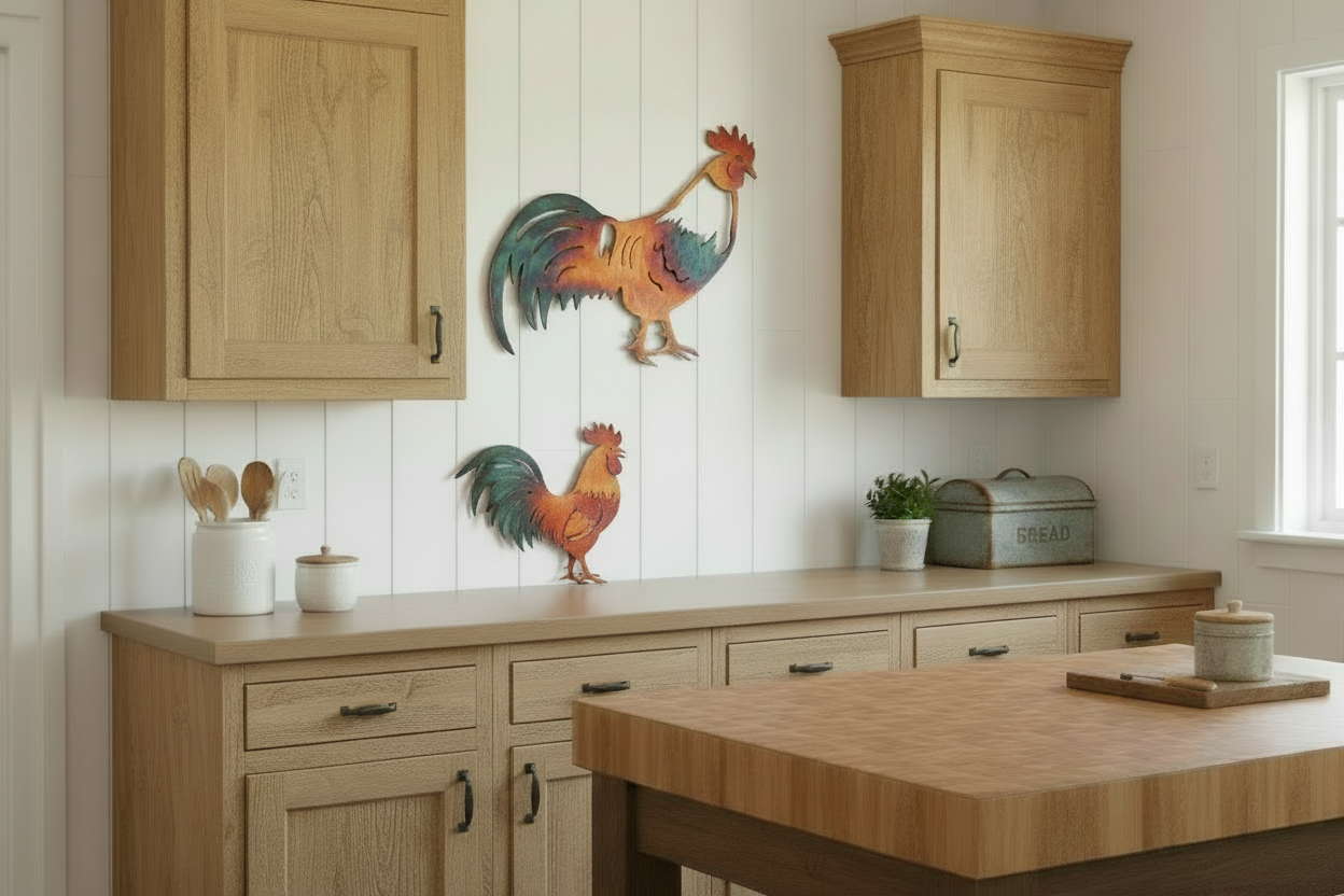 Kitchen with wooden cabinets and a decorative rooster on the wall.