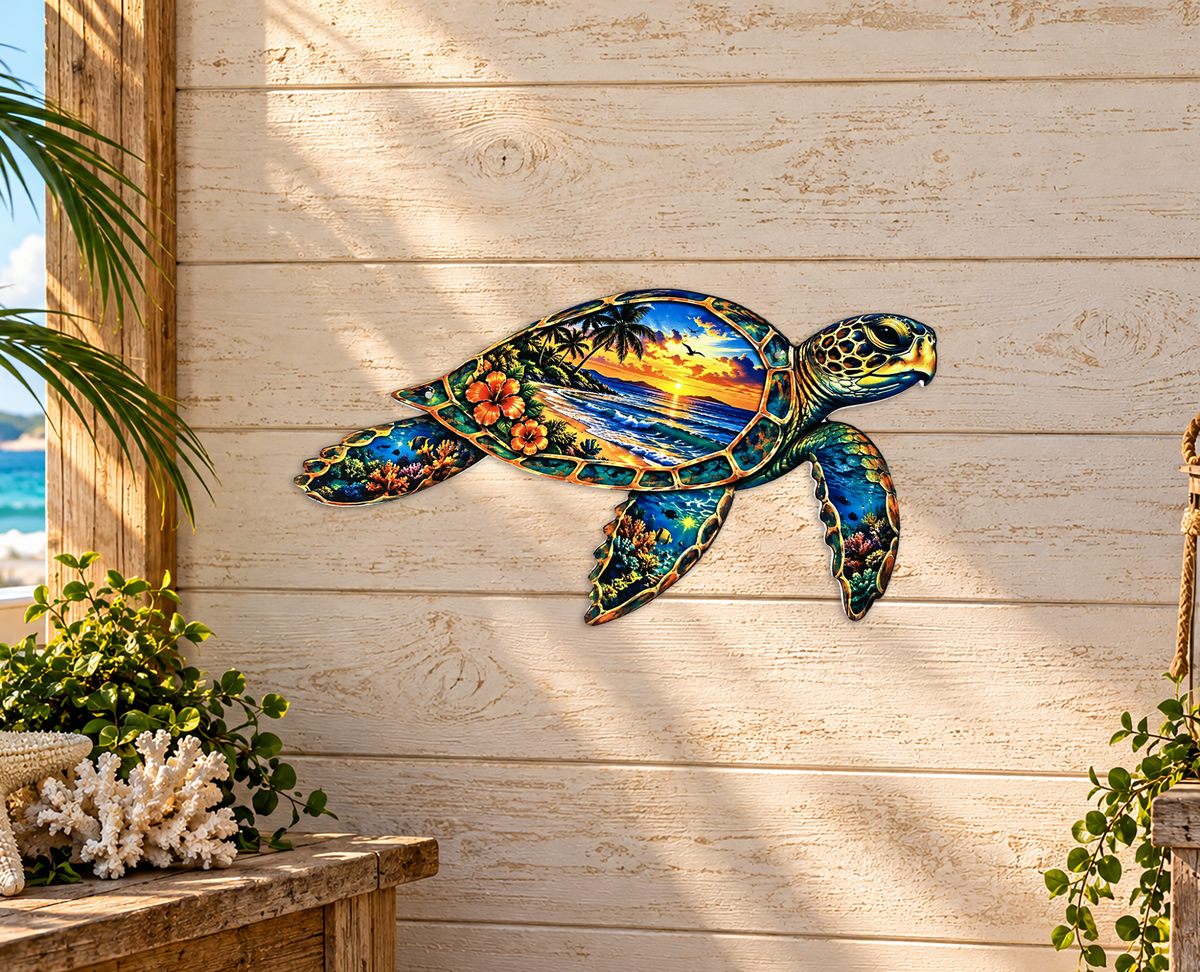 Sea turtle sunset metal wall art displayed on coastal cottage wall