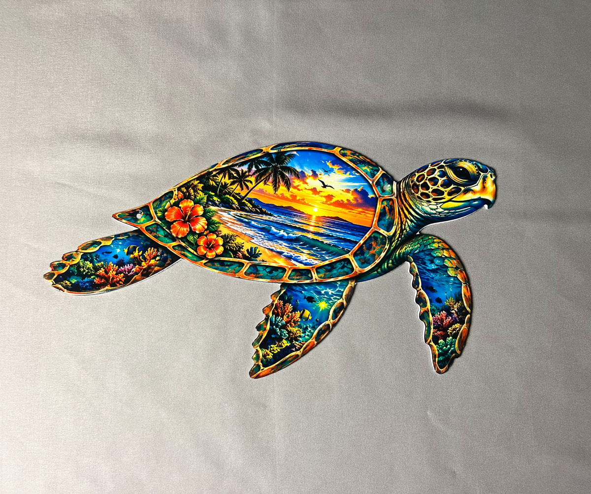 Sea turtle sunset metal wall art on neutral background