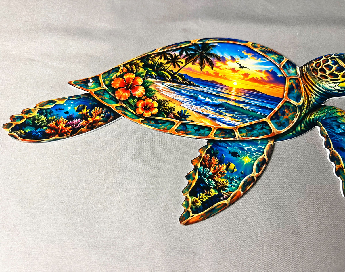 Tropical beach sunset with palm trees on sea turtle shell