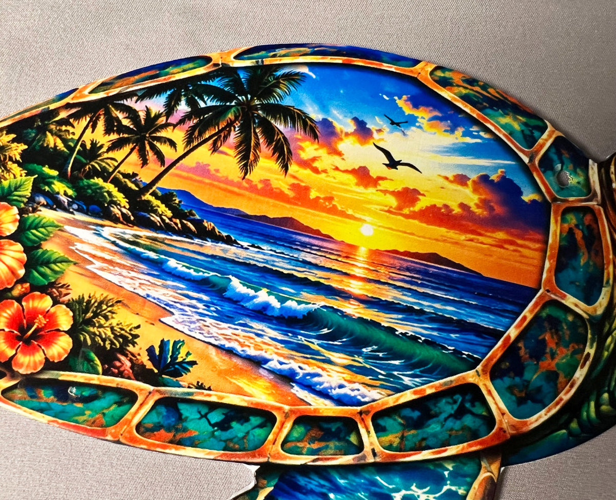 Palm trees ocean waves and sunset inside turtle shell
