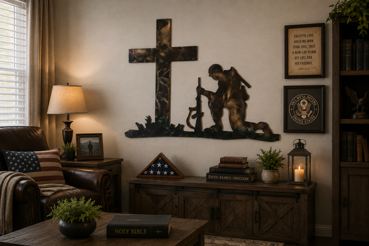 Soldier kneeling at the cross metal wall art displayed in a warm rustic living room with Christian and military decor.